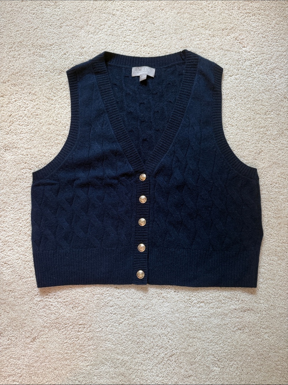 J. Crew Navy Cashmere Cable Knit Vest with Gold Buttons
